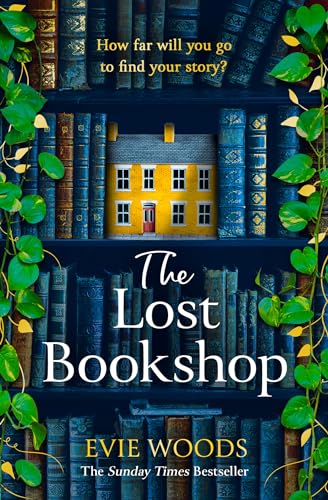 Book cover of The Lost Bookshop Blue colored books behind the words with green vines on the left and right