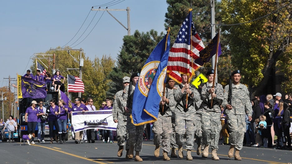 2016 Homecoming Parade Photo color guard followed by mssa and student groups