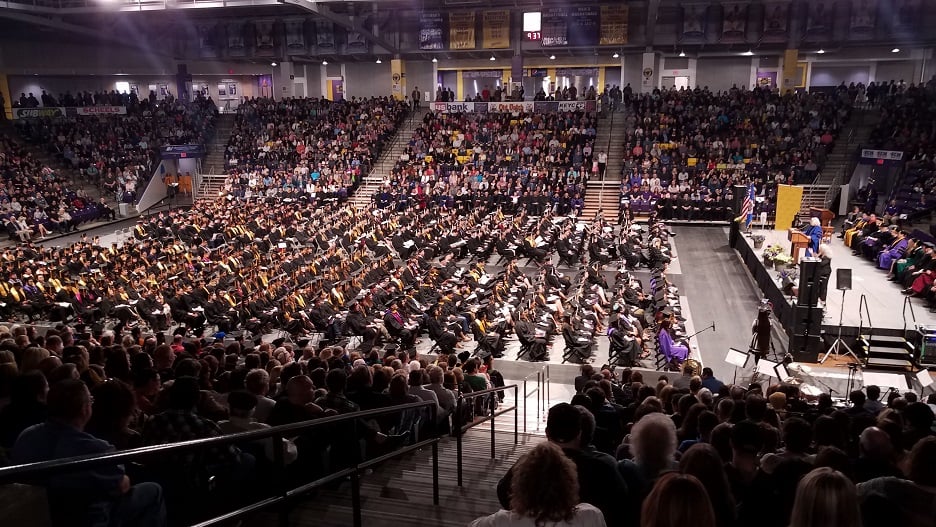 MNSU 2019 Spring Graduation Ceremony Side view, Bresnan Arena