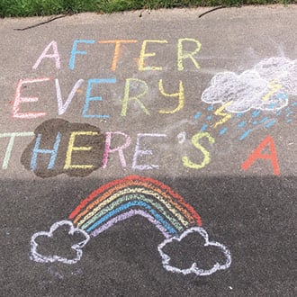 a sidewalk with chalk writing on it