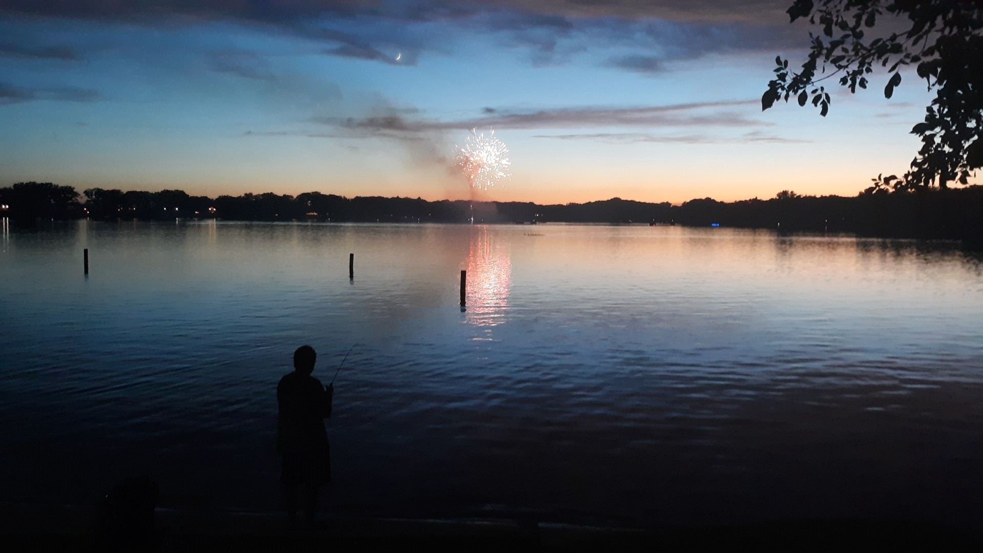 a person standing on a beach with fireworks in the sky