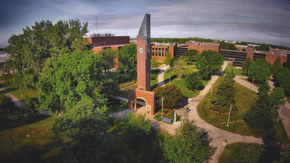 drone picture of bell tower area of campus