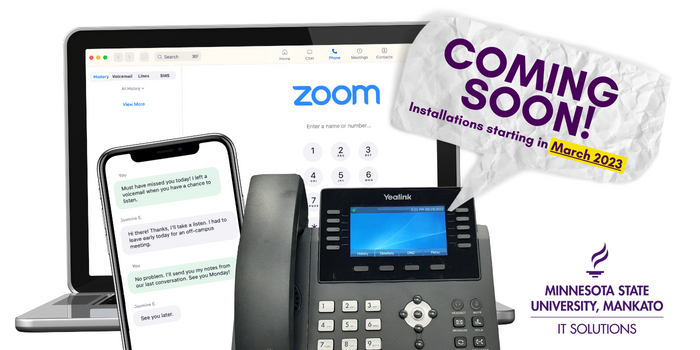 Laptop and smartphone showing Zoom Phone app. Desktop phone in the corner. IT Solutions logo and text that says: "Coming soon! Installations starting in March 2023"