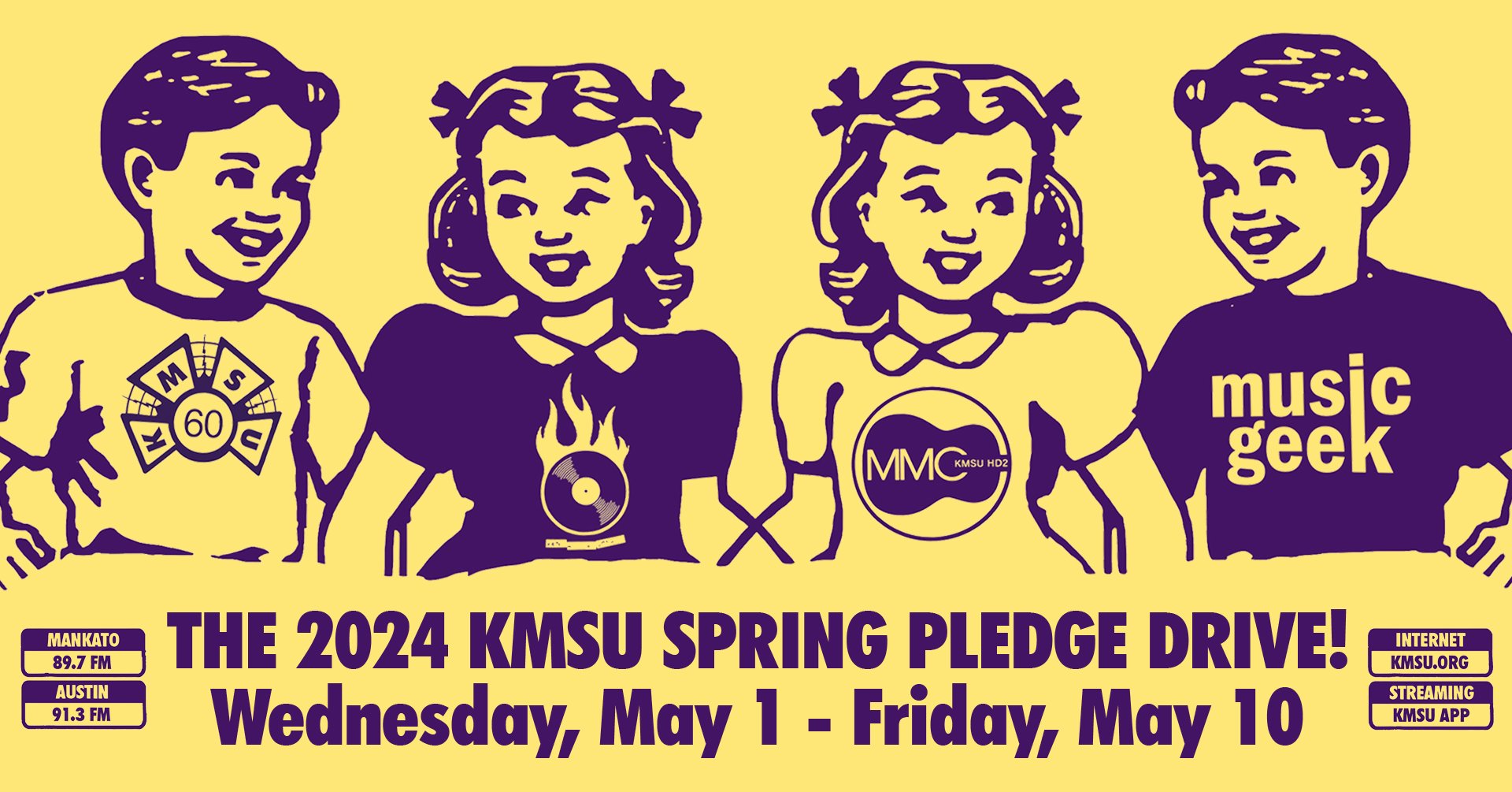 Clip art of four children wearing KMSU shirts announcing the start of the Spring Pledge Drive