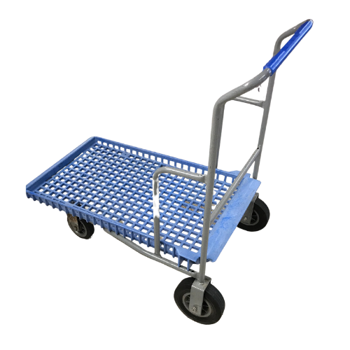 a blue and gray cart with a black background