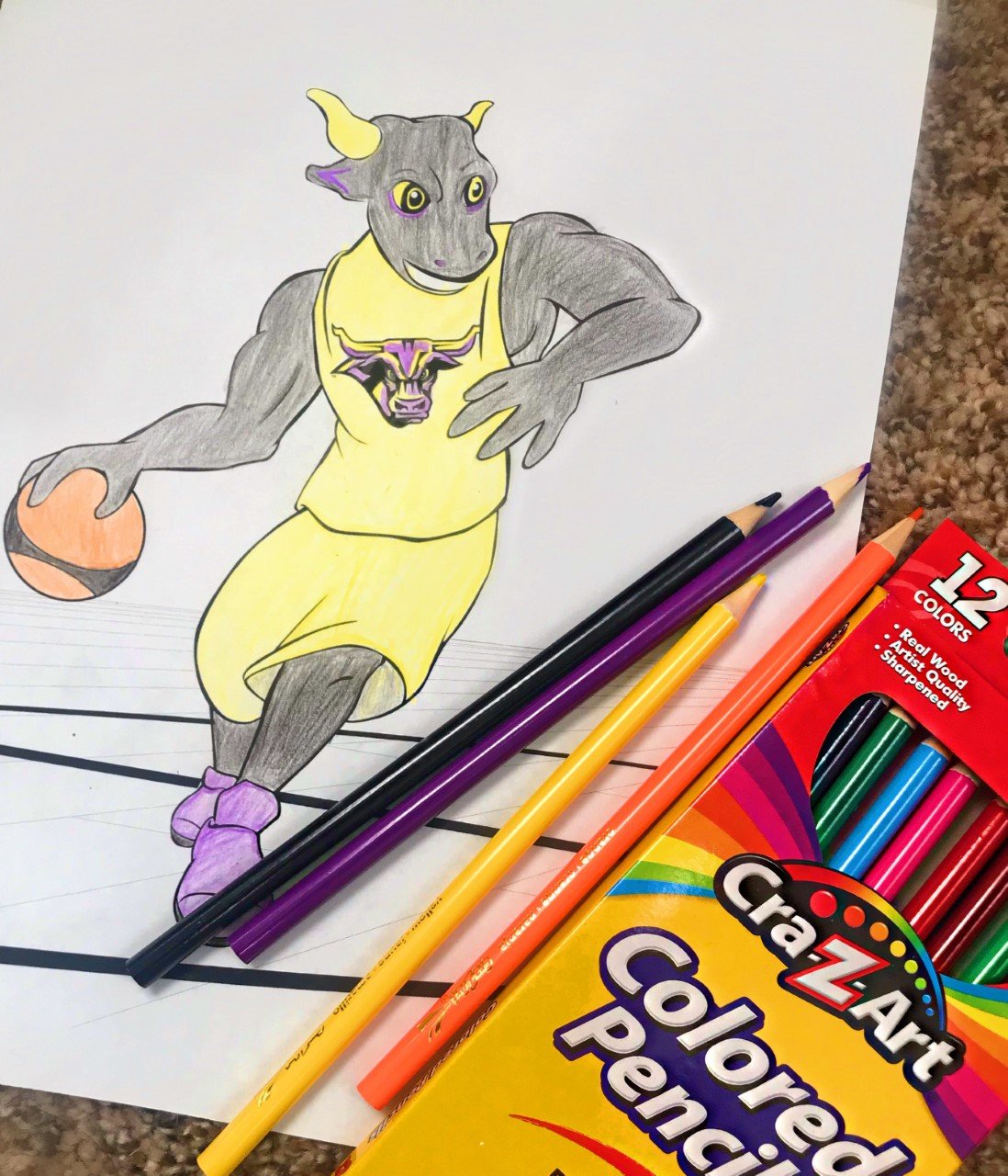 a drawing of a basketball player with a ball and pencils