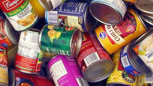 A pile of canned foods