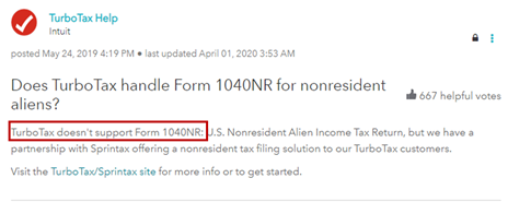 TurboTax Help screenshot saying TurboTax doesn't support form 1040NR for nonresidents