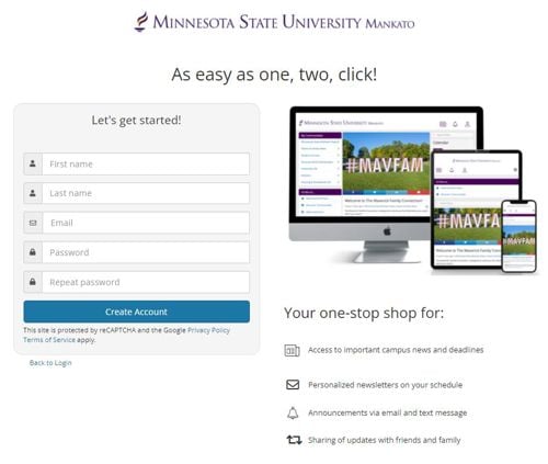 Minnesota State University, Mankato computer store as easy as, one, two click away account creation page which consists of four text bars asking users generic questions for account creation and providing the advantages of creating an account associated with the computer store