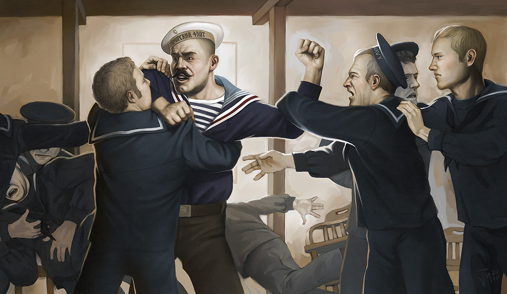 a person in a sailor's uniform punching another person