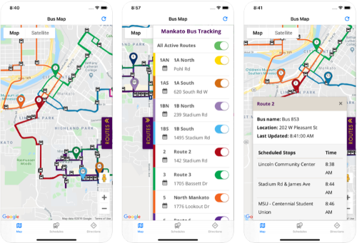 Three different views of tracking City of Mankato buses and University shuttles on your smart devices with the mobile app