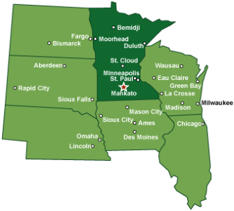 Region map of Minnesota and surrounding states with a red star for Mankato