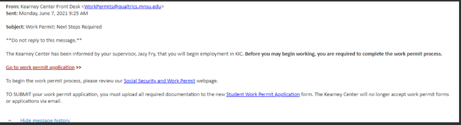 Screenshot image of the automated email students receive after their employer submits the verification of f-1/j-1 on-campus employment form