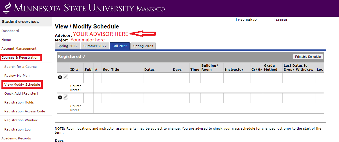 A screenshot from the e-services page. By navigating to Courses and Registration and View/Modify Schedule, a student can find their advisor under the title "View View / Modify Schedule"