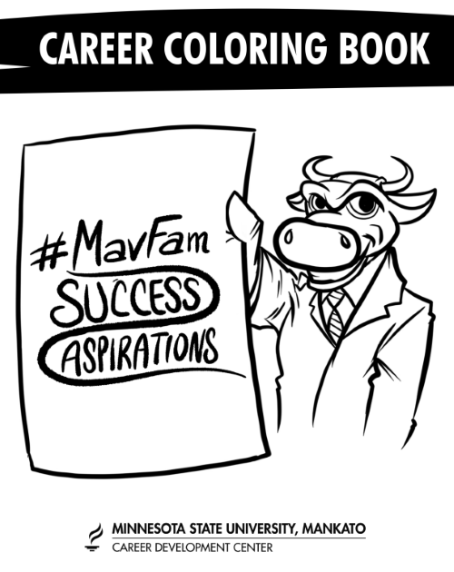 Career Development Center coloring book front page with Stomper holding a paper that says #MavFam Success Aspirations