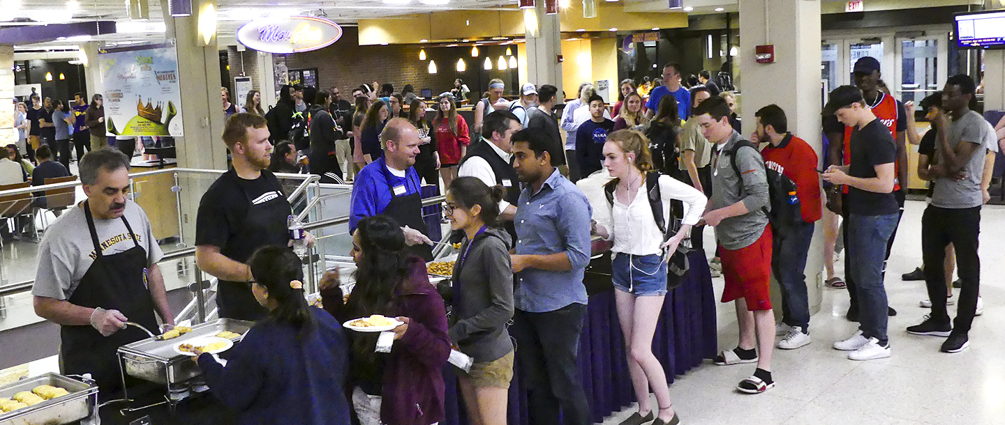 Students in line for the late night breakfast event in the CSU