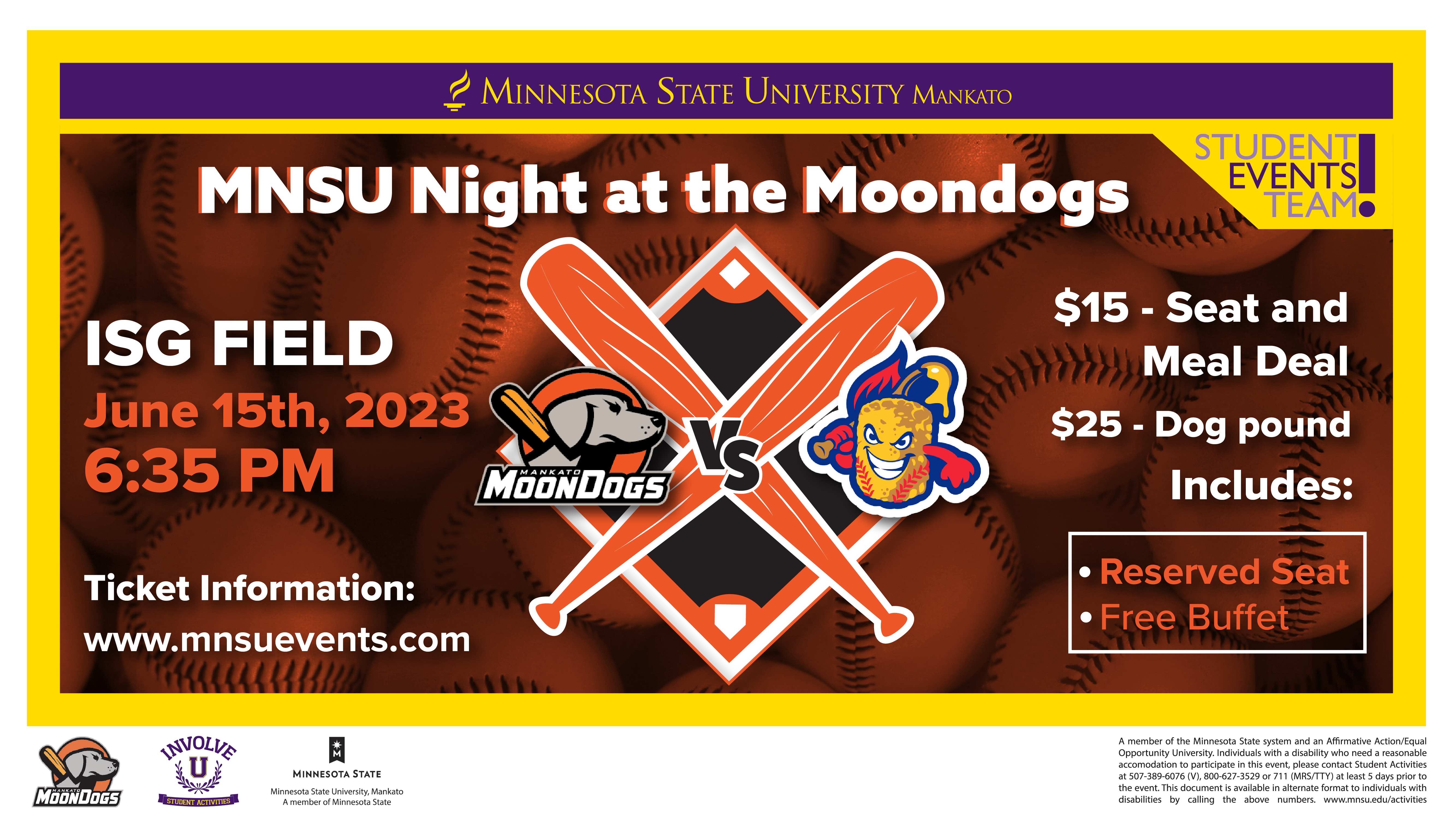 Poster for Moondogs Night at MSU Logos of teams facing each other with event information listed below