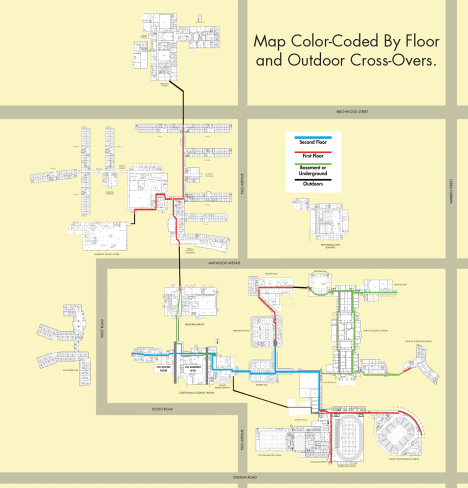 Indoor walkway map color coded by floor and outdoor cross-over