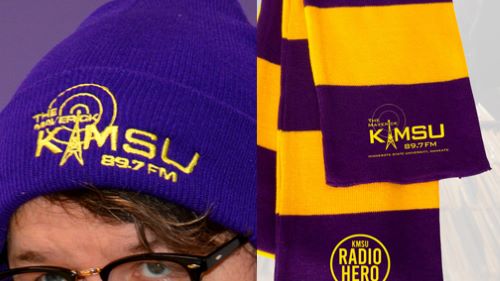 The bundle up bundle includes the KMSU knit cap and the brand new KMSU Radio Hero rugby scarf