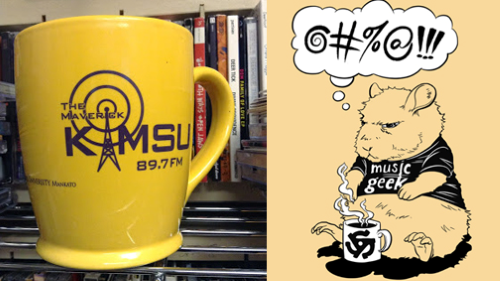 Photo of the Maverick KMSU 89.7 FM classic yellow mug and a drawing of a hamster drinking coffee with a t-shirt that says "music geek"
