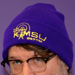 KMSU purple knit cap with the Maverick KMSU 89.7 FM logo