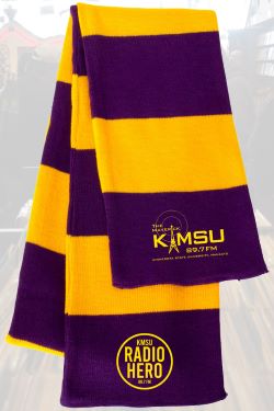 KMSU purple and gold rugby scarf with the Maverick KMSU 89.7 FM logo on one end and KMSU 89.7 FM Radio Hero badge on the other end
