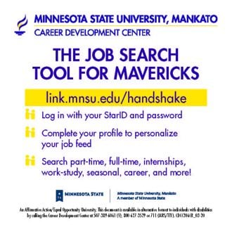 Back Handshake card with Minnesota State University, Mankato Career Development Center wordmark and details of the job search tool for Mavericks