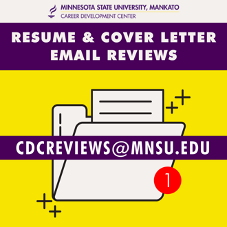 Front Career Development Center Reviews card with the text "resume and cover letter email reviews" and the cdcreviews@mnsu.edu email address