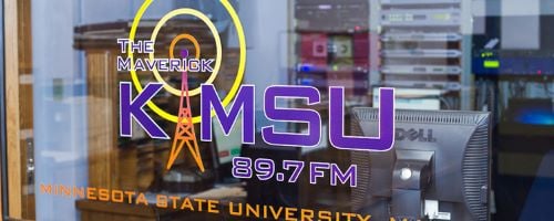 The Maverick KMSU 89.7 FM Minnesota State University Mankato window decal on the radio station window