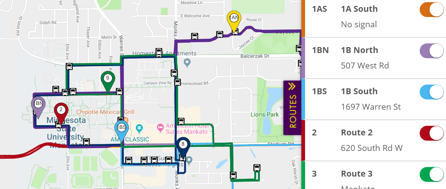 Bus locator screenshot of Mankato buses in route