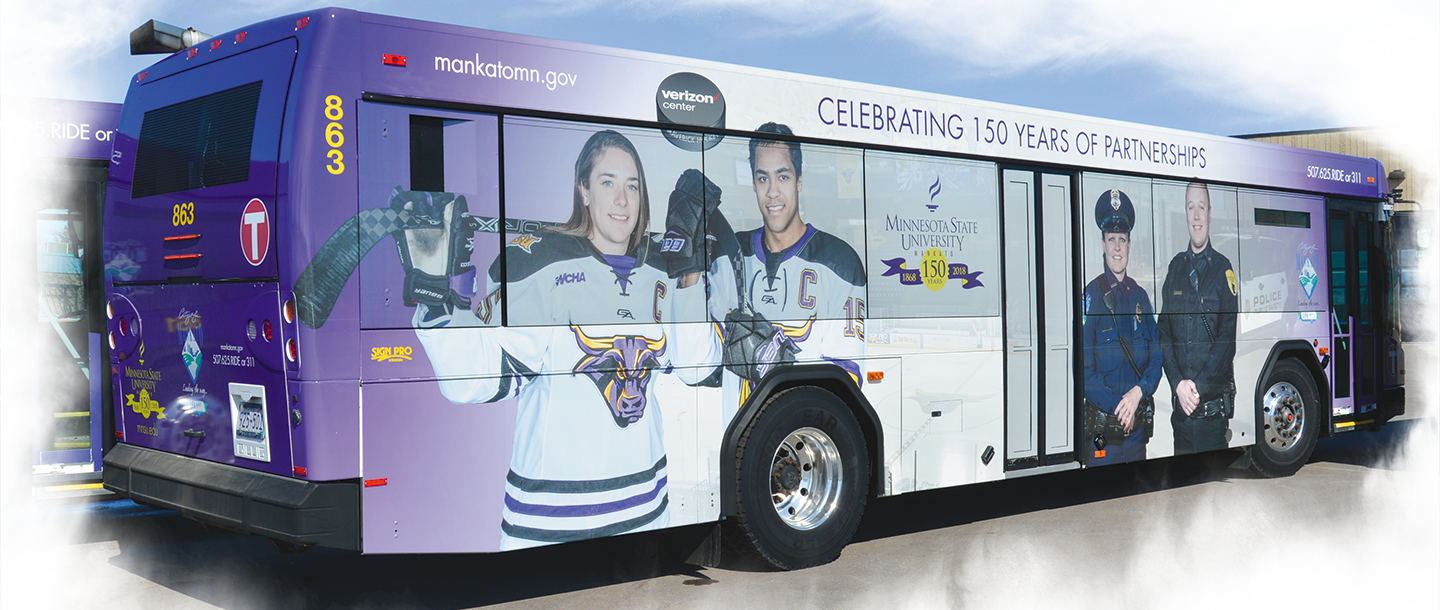 City of Mankato bus with the Minnesota State Mankato wrap