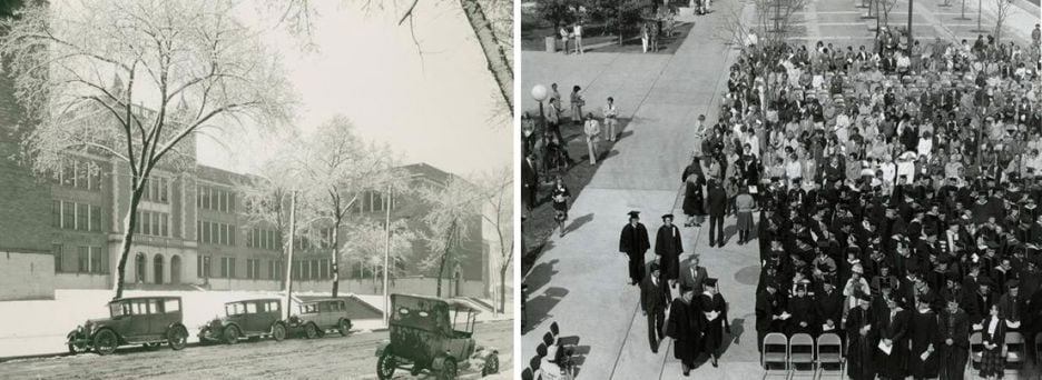 Old black and white image of Minnesota State University, Mankato and another old black and white image of graduates 
