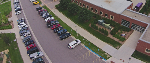 Overhead view of a parking lot on the MSU, Mankato campus