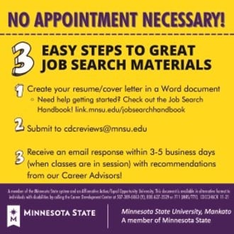 Front Career Development Center Reviews card with details of three easy steps to great job search materials and the cdcreviews@mnsu.edu email address