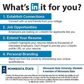 Back LinkedIn card that says "What's in it for you?" with details on how to establish connections, job opportunities, extend your resume and personal branding