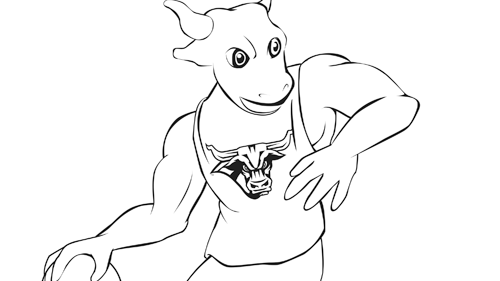 Coloring book page of Stomper playing basketball