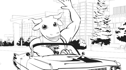 Coloring book page of Stomper driving a convertible by the Centennial Student Union