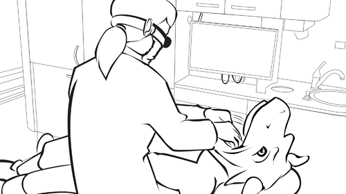 Coloring book page of Stomper at the dentist
