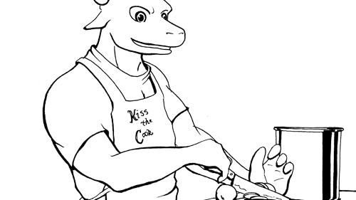 Coloring book page of Stomper cooking