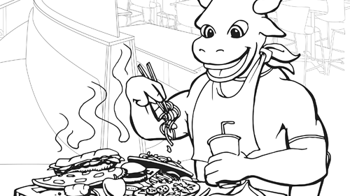 Coloring book page of Stomper eating in the cateteria