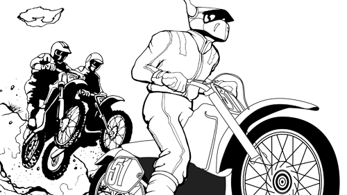 Coloring book page of Stomper riding a dirt bike