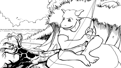 Coloring book page of Stomper fishing
