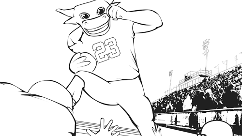 Coloring book page of Stomper playing football
