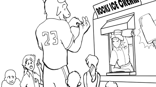 Coloring book page of Stomper getting ice cream at the Rocks Ice Cream truck