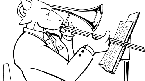 Coloring book page of Stomper playing the trombone