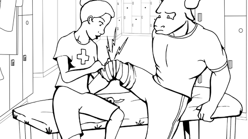Coloring book page of Stomper with knee injury