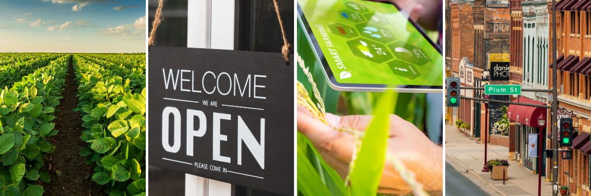 Four images side by side. One of a row of soybeans growing in a field, one of a sign that says Welcome we are open, one closeup of a person holding a tablet in a field that has an app open called smart farming, and one arial shot of old town mankato 