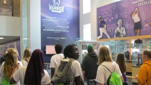 A group of the College Tour Mania students visiting the athletics department of Winona State University