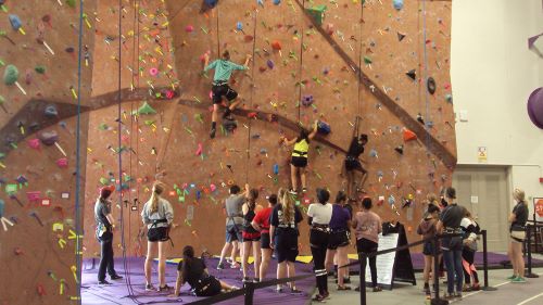 Junior high students climbing the rock wall at Myers Field House