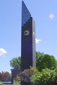 The Ostrander-Student Memorial Bell Tower stands in the Minnesota State Mankato campus arboretum